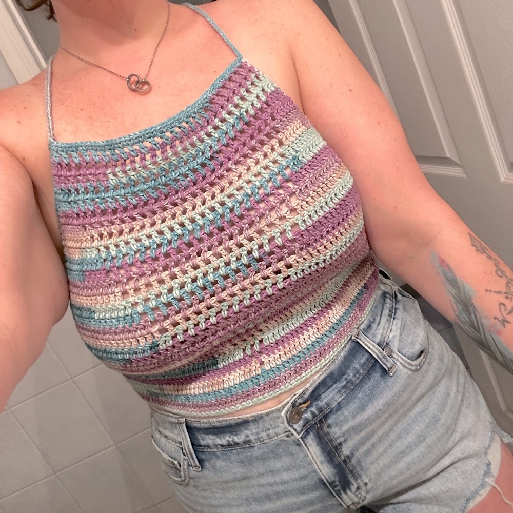 Hand Crocheted Mesh Insert Halter Top